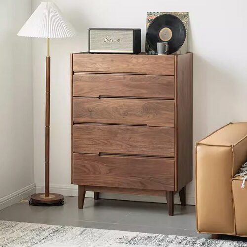 圆润五斗柜卧室客厅沙发边柜北美黑胡桃木简约五斗橱柜收纳小衣柜