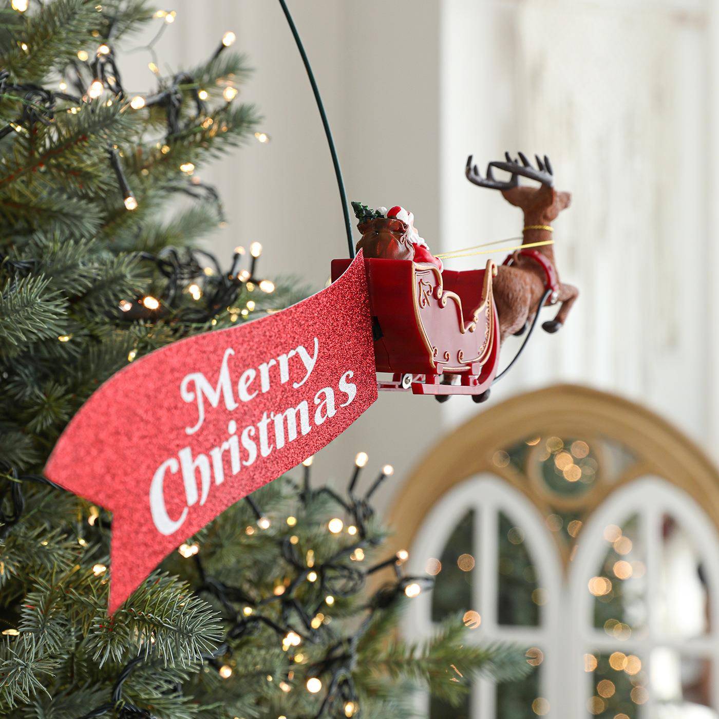 跨境旋转马车树顶星麋鹿圣诞老人电动插电发光五角星圣诞树装饰