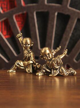 新款黄铜复古武林功夫小和尚办公室桌面摆件装饰品人物手办铜摆件