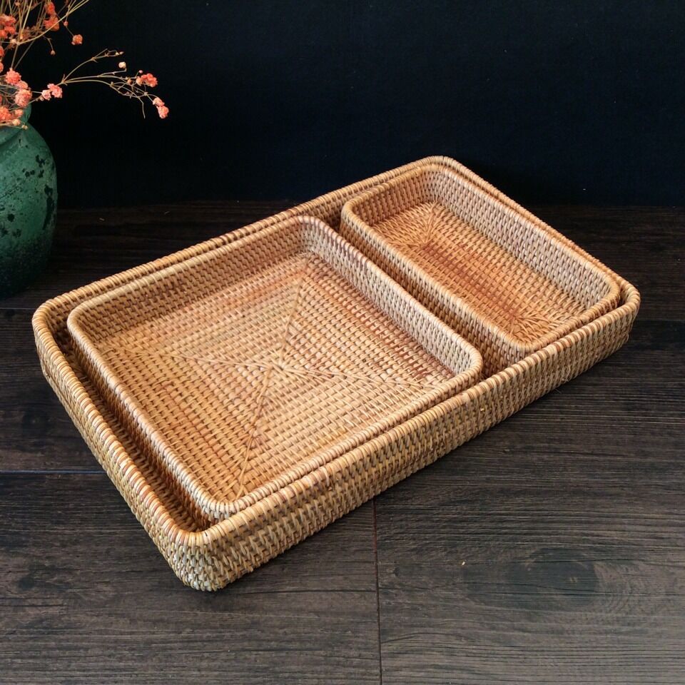 出口日韩 越南秋藤编织糖果收纳盘 蔬菜水果零食干果收纳3件套