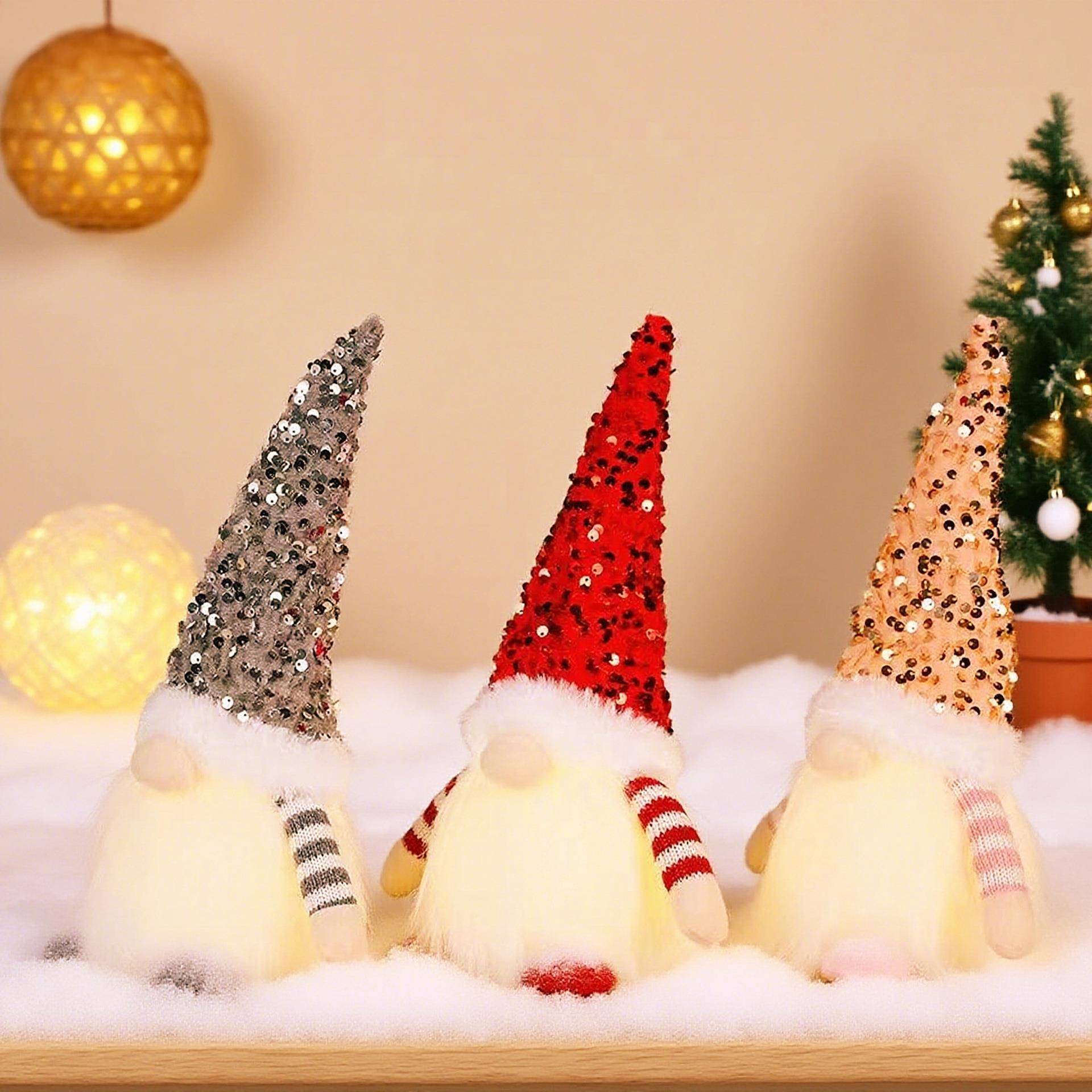 跨境新品圣诞装饰品鲁夫珠片帽带灯森林人公仔无脸老人娃娃摆件