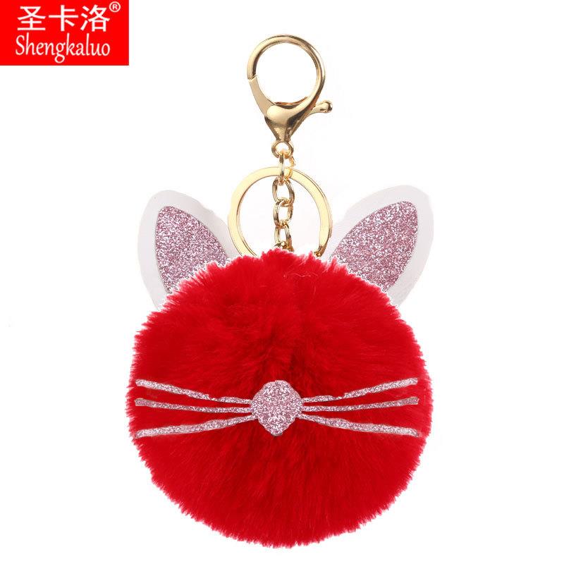 可爱小猫毛球钥匙扣卡通动物包包挂件PU皮革胡须猫咪钥匙扣