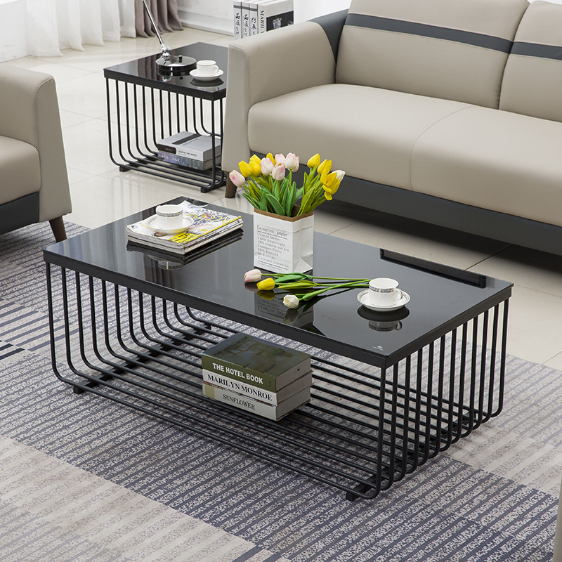 现代简约办公茶几轻奢钢化玻璃 黑色茶几 客厅办公室商务茶几A08