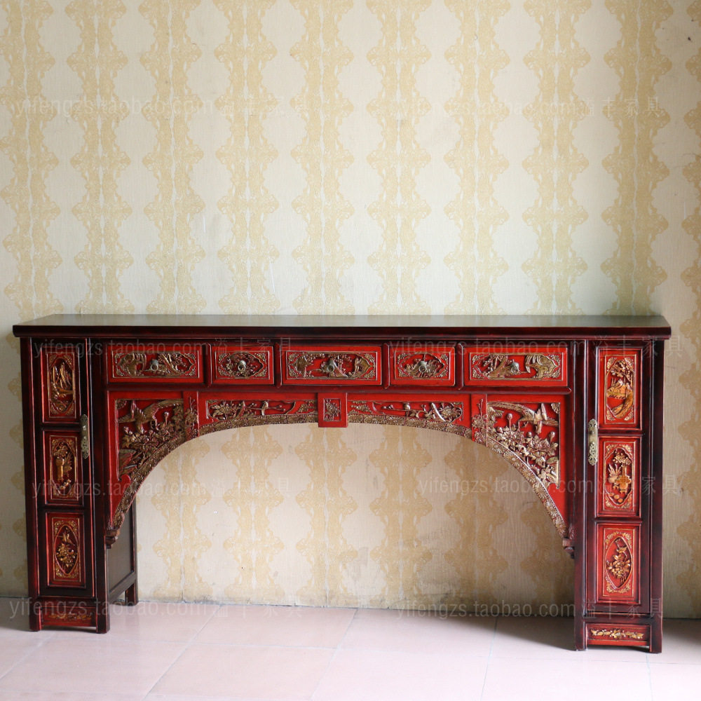 新中式仿古典家具实木平头条案台做旧复古雕花金箔储物供桌玄关台