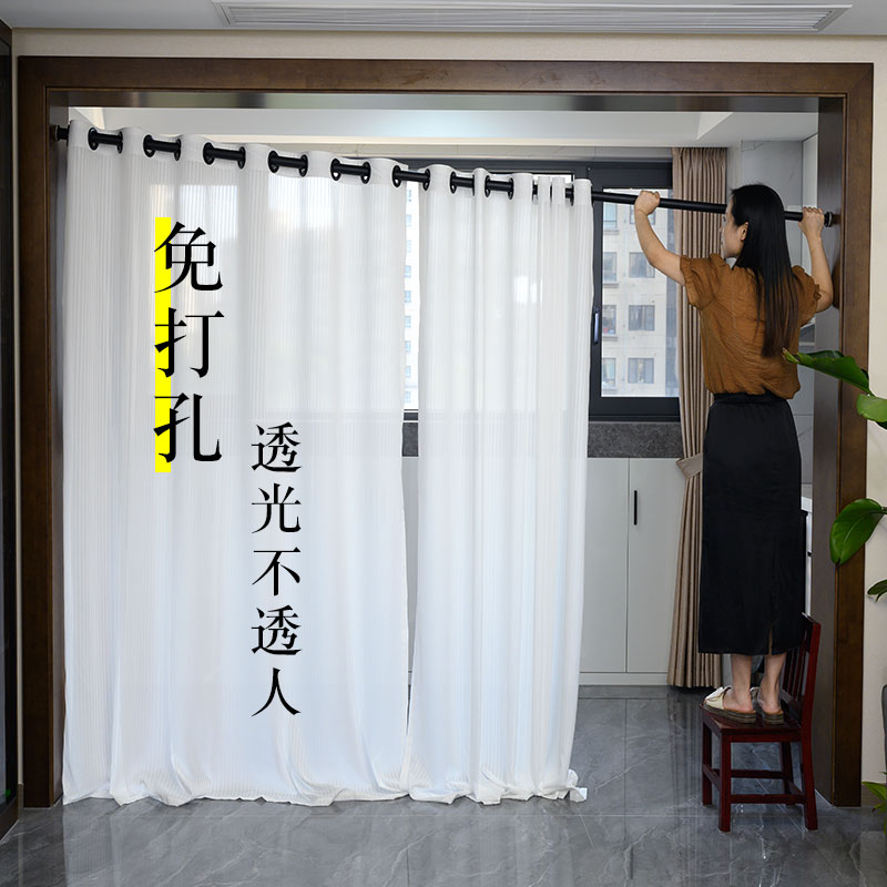 免打孔安装纱帘透光不透人卧室阳台客厅飘窗白色窗纱遮挡帘窗帘