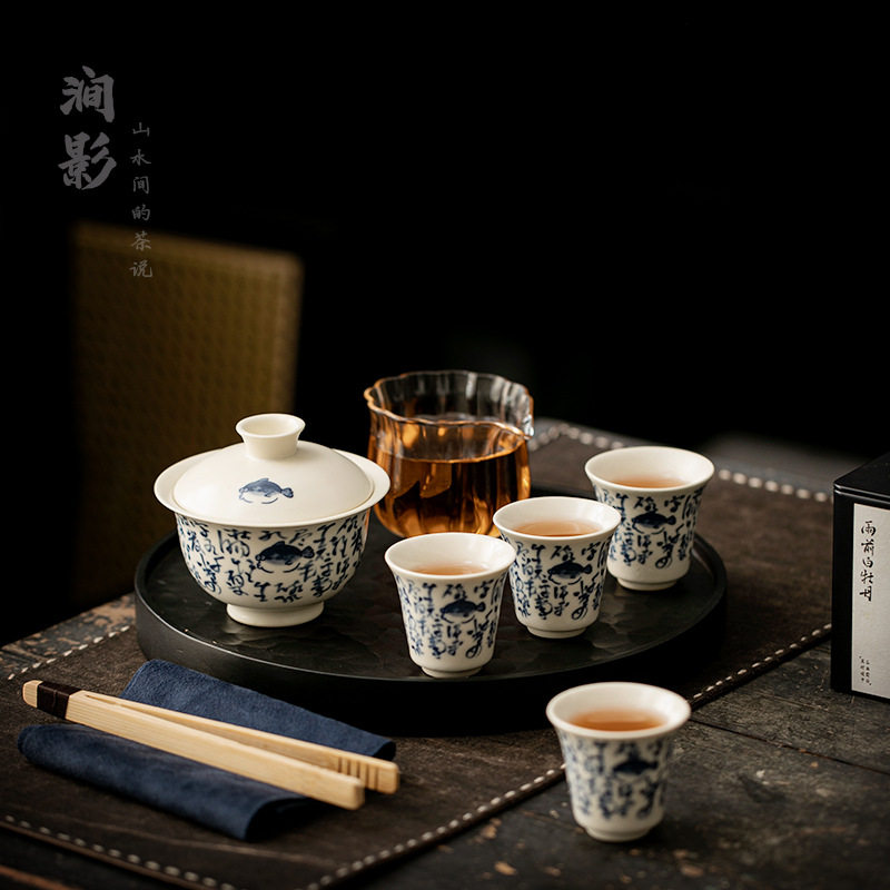 创意半彩桂鱼盖碗茶具套装2025新款轻奢高档办公室泡茶专用茶具