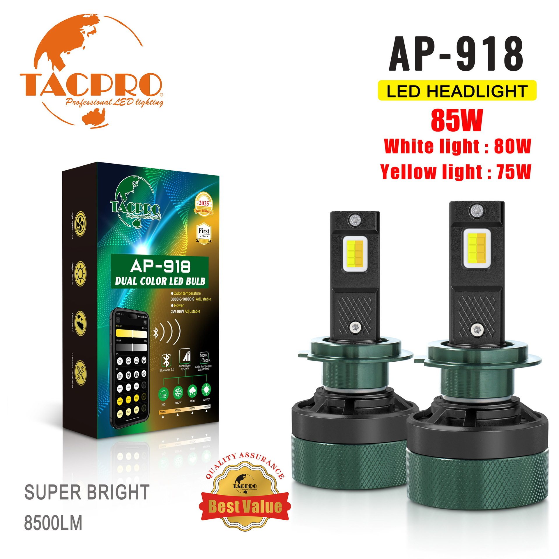 新款85W蓝牙控制色温功率颜色汽车LED大灯H7 H11 H4高功率双色led