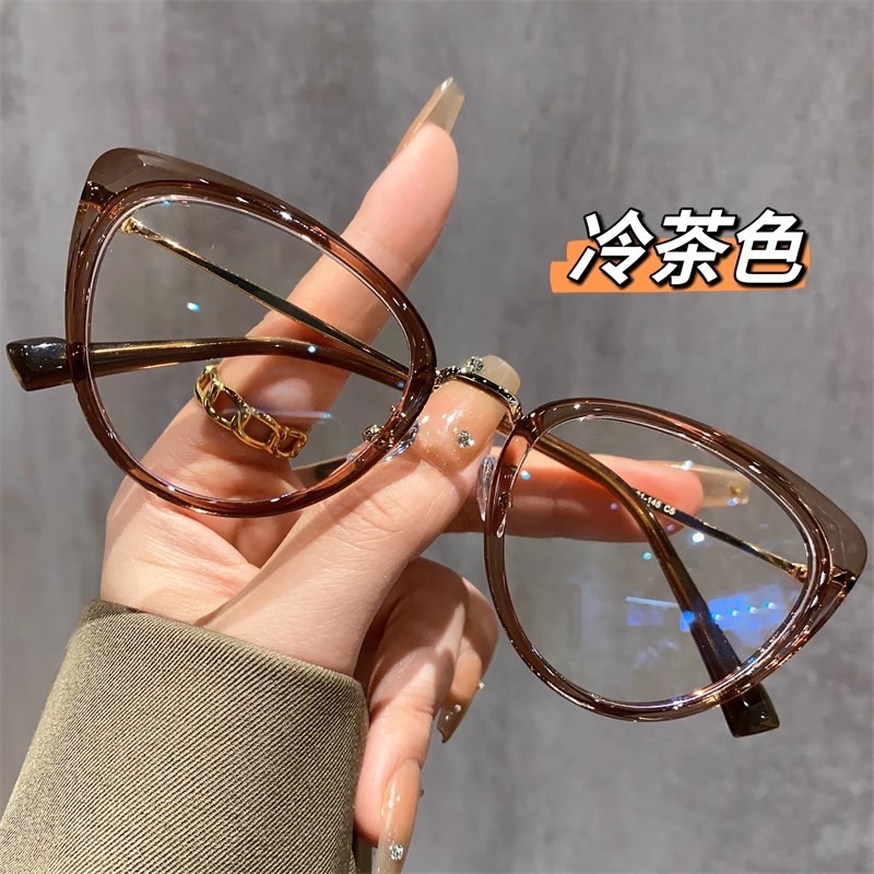 日本品质冷茶色猫眼眼镜近视女度数可配防蓝光平光大框素颜神器眼