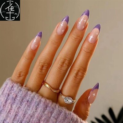 24Pcs Blue Detachable Almond False Nails Wele  Nails