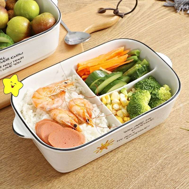 陶瓷卡通三格多格饭盒三件套可微波炉饭盒便当盒保鲜碗带盖子上班