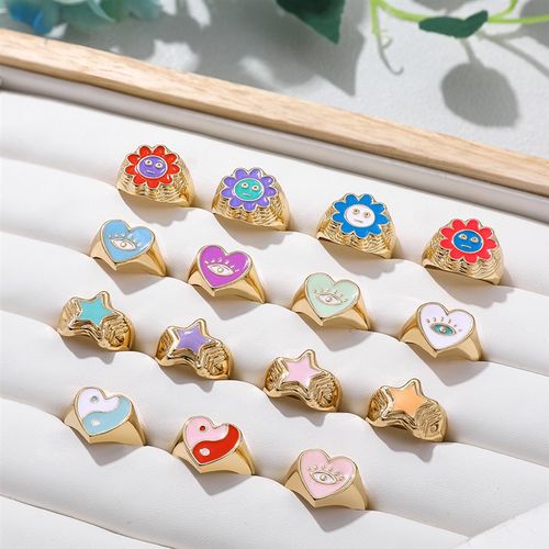 Aesthetic Colorful Evil Eyes Love Heart Rings for Women Swee