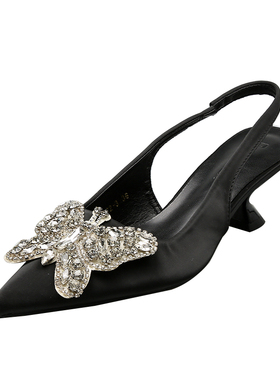 Uncle Jian水钻蝴蝶结包头高跟鞋女时尚後空凉鞋尖头细跟单鞋女