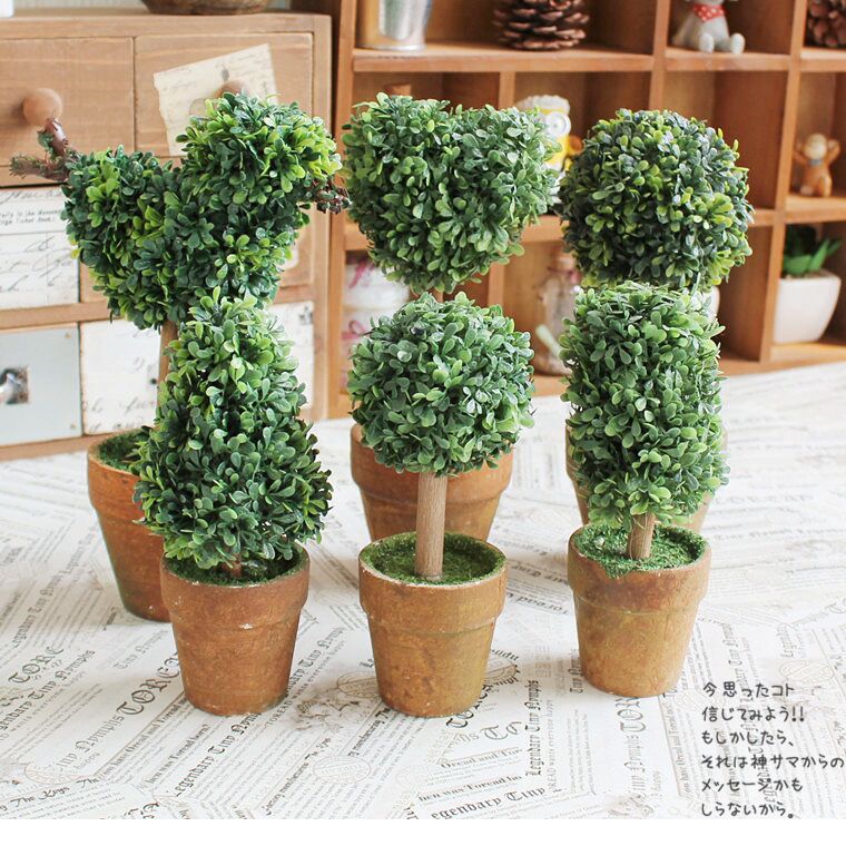 复古 迷你草球树整体假花工艺品小鸟塔圆球仿真花小盆景套装摆件