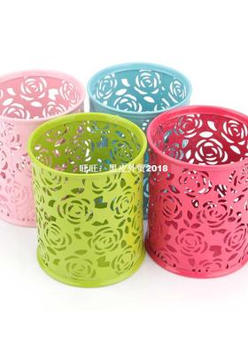 Metal Makeup Organizer Hollow Rose Flower Design Cylinder Pe