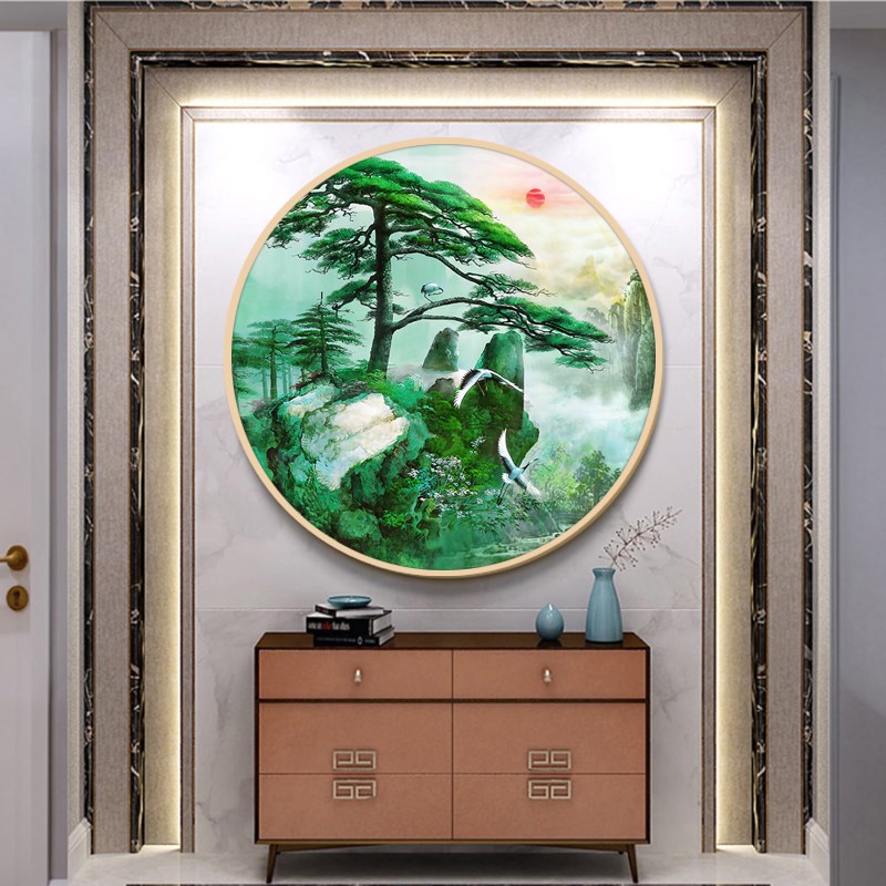 网红迎客画松挂画中式客厅延圆形装饰山水风景画大庁饭店松鹤年壁图片
