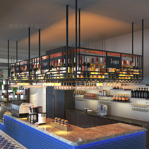 新款定制吊架吧台金属吊柜酒吧铁艺红酒架悬挂杯架展示架工业风置