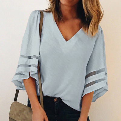 Mesh Stitching Women Chiffon Blouse Shirt Sexy V Neck Casual