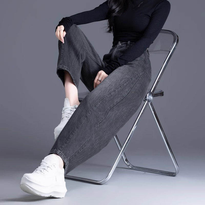 女士黑色直筒牛仔裤2025秋季新款小个子宽松显瘦高腰镰刀哈伦长裤