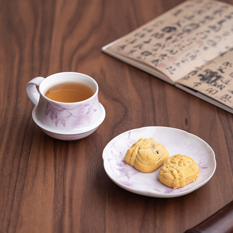 手绘暮紫兰心咖啡杯陶瓷女士个人专用家用办公精致马克杯带杯碟子