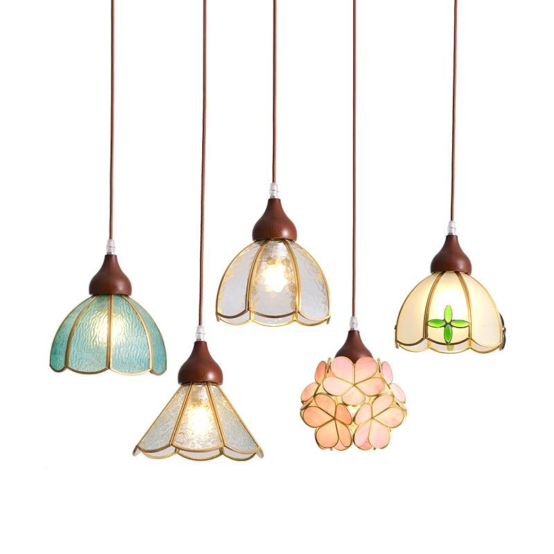 法式复古手工描铜餐室艺厅吊文小众灯吧台床头卧橱窗水纹玻璃吊灯