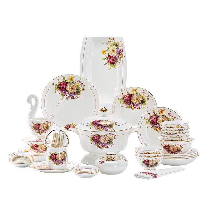 碗盘碟套装家用金边景德镇骨瓷餐具欧式陶瓷碗筷可微波炉节日礼盒