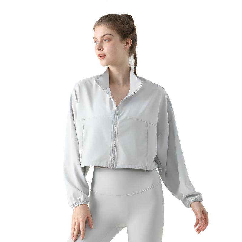 夏季凉感防晒外套女户外宽松休闲拉链运动上衣短款立领口袋健身服