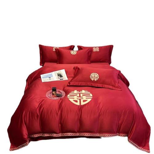 大红色水洗棉磨毛结婚床上四件套新婚庆床品床单婚礼嫁喜被套床笠