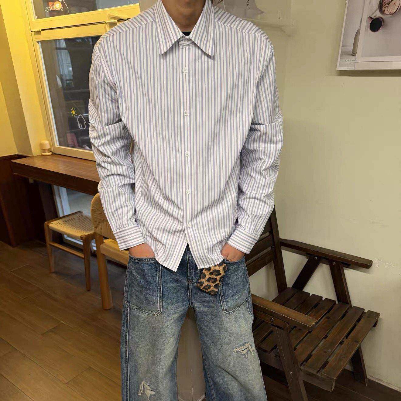 IWTF 高智感条纹长袖衬衫春F季松懒弛慵学院优RYX休闲通勤雅男女