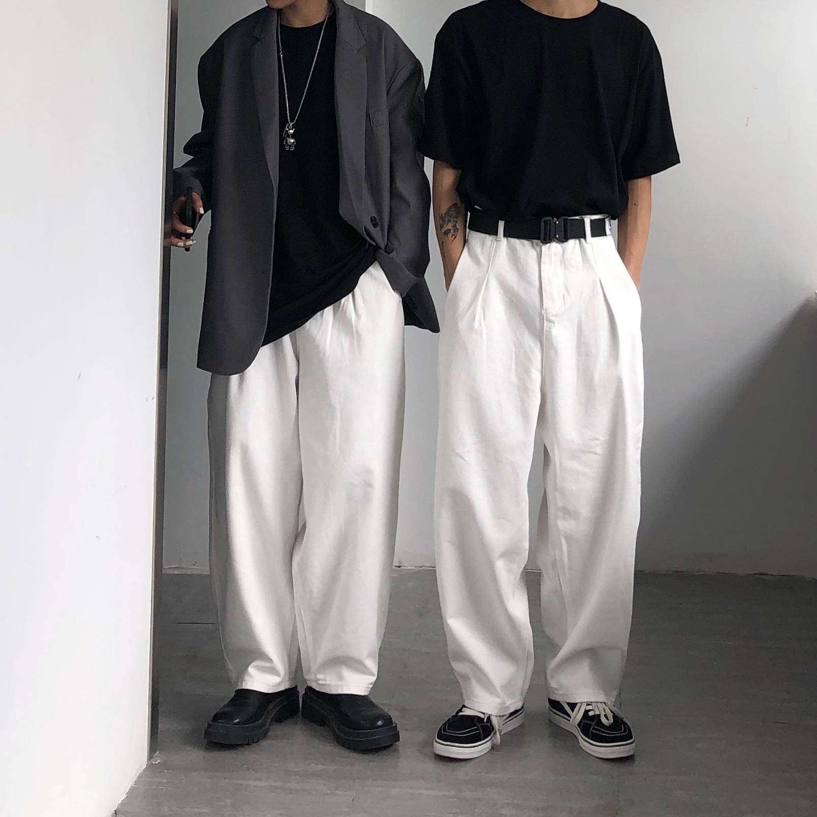 oversize美式港风高腰宽松ins复古慵懒休闲直筒阔腿牛仔拖地裤男