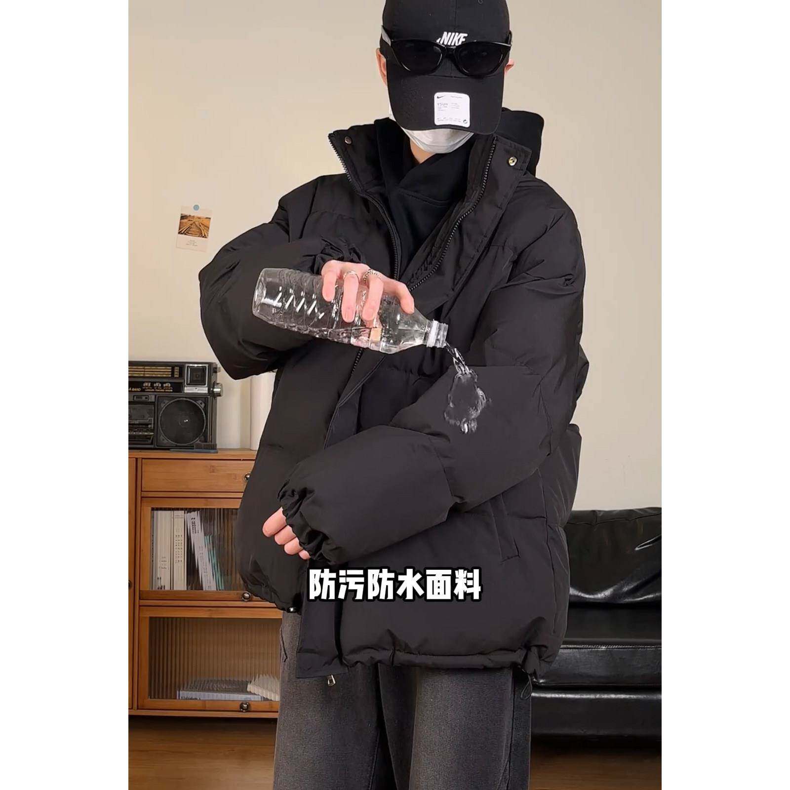 纯黑色立领加厚羽绒服男生冬季宽松潮牌面包棉服高级感棉袄外套男