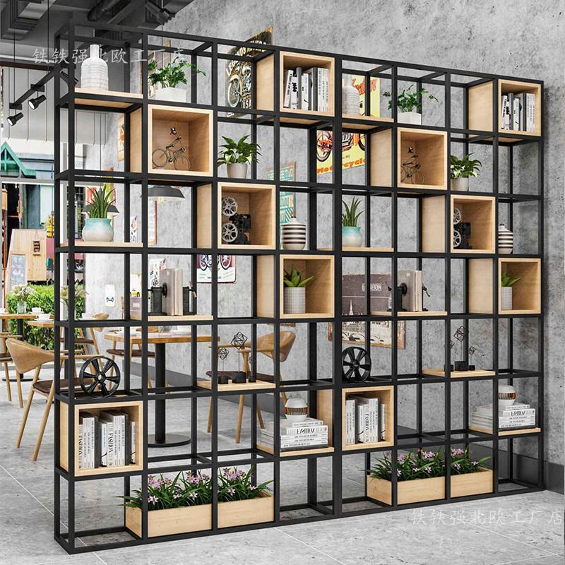 美式铁艺落地屏风隔断客厅架子实木书架现代简约展示架隔板置物架