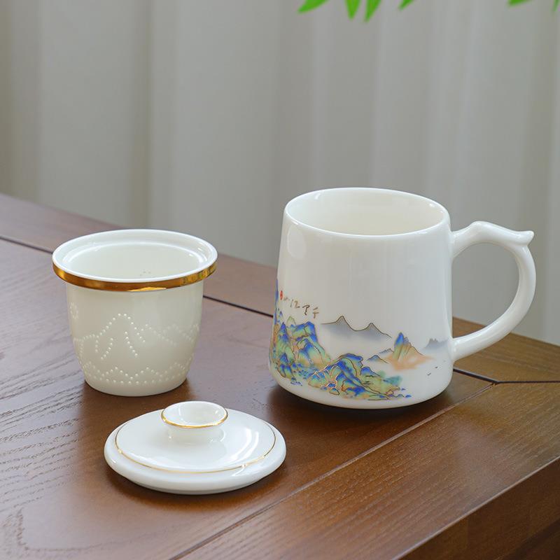 高档羊脂玉白瓷茶杯茶水分离办公杯陶瓷马克杯水杯泡茶杯定logo