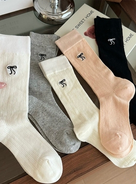 灰色袜子女中筒袜纯棉夏季镂空芭蕾风刺绣蝴蝶结春秋堆堆长袜