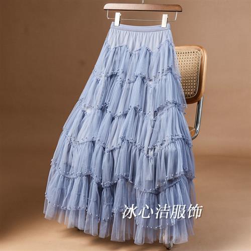 2025新款重工蓝色纱裙蛋糕半身裙女春显瘦不规则蓬蓬长裙网纱半裙