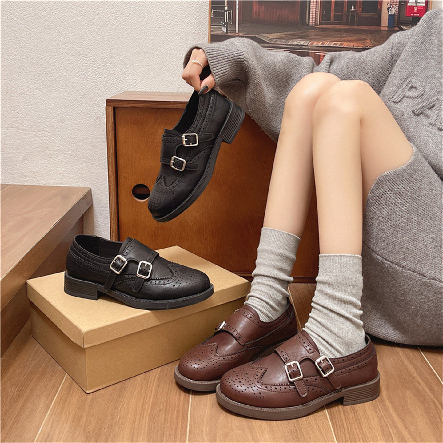 英伦风粗跟乐福鞋女2026春季新款爆款配裙子单鞋一脚蹬黑色小皮鞋,女鞋,深口单鞋,淘宝优惠券,粉丝福利购,淘宝优惠卷