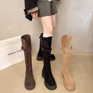 厚底增高长靴女2025年冬季 加绒保暖气质骑士靴小个子两穿靴子 新款