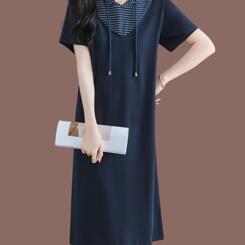 夏季纯棉短袖t恤连衣裙女宽松卫衣中年妈妈装长款全棉连帽针织裙