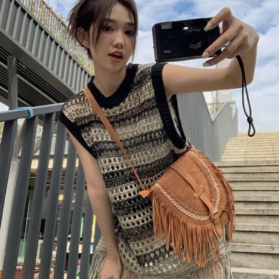 镂空条纹针织吊带背心连衣裙女春装波西米亚三亚海边沙滩裙小个子