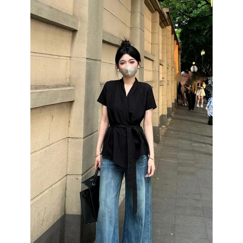 大码胖mm黑色V领绑带收腰短袖T恤女2025年新款夏季修身显瘦上衣