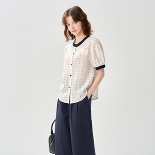 2025夏款波点撞色通勤短袖开衫上衣休闲时尚百搭衬衫女