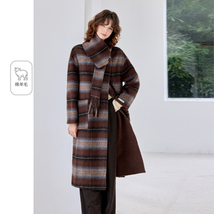 2025秋冬款围巾领撞色复古羊毛外套休闲百搭双面呢大衣女