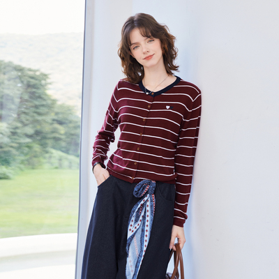 纳纹25秋季秋款爱心刺绣针织条纹开衫上衣百搭针织衫女