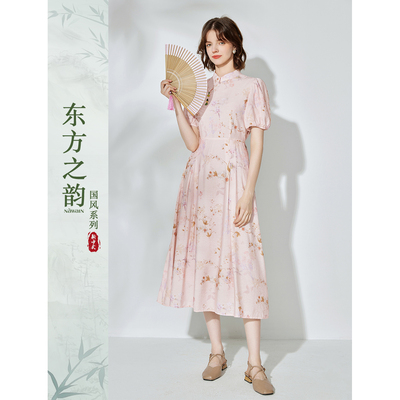 纳纹2025夏季新款新中式国风典雅立领印花设计感中长裙气质连衣裙