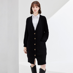 纳纹2025秋冬款纯色麻花毛衣外套女百搭过膝针织长款开衫女外穿