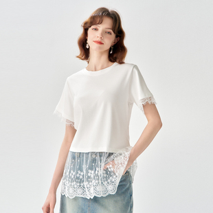2025夏款 上衣气质休闲百搭T恤女 撞色蕾丝拼接设计感短袖