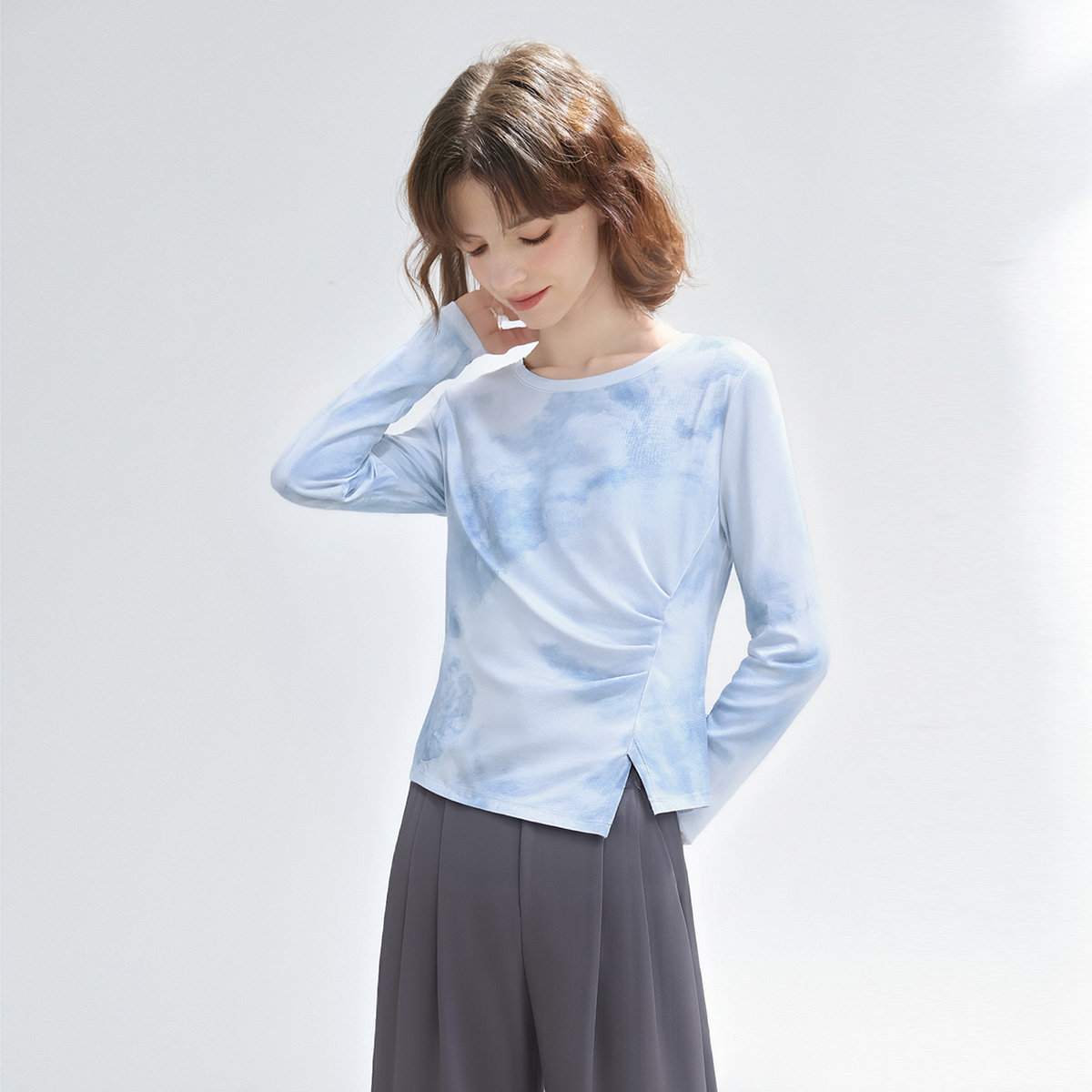 2026春款复古水墨扎染圆领打底衫上衣显瘦气质百搭T恤女