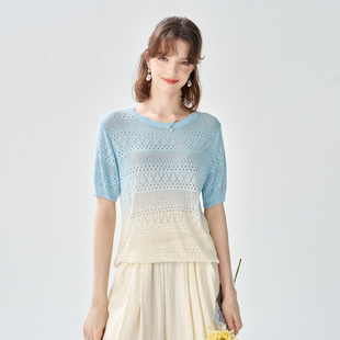 2025夏款圆领镂空渐变高级感短袖上衣气质休闲百搭T恤女