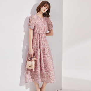 长裙减龄休闲连衣裙女 雪纺碎花感收腰气质短袖 纳纹2025夏季 新款