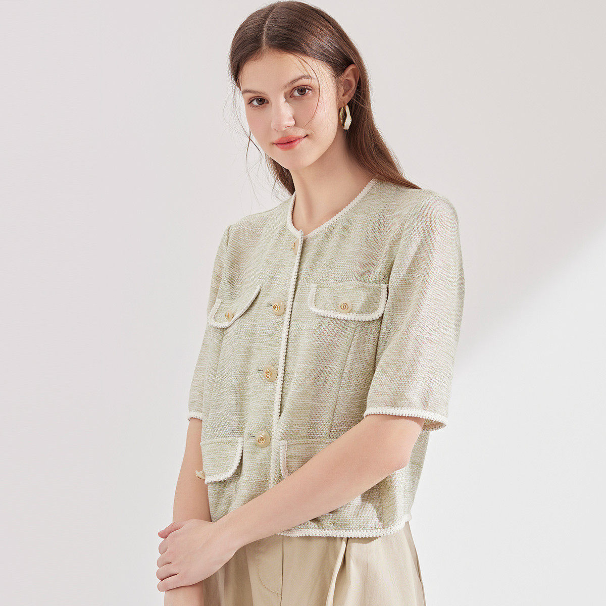 纳纹2025夏季小香风上衣女五分袖外套圆领减龄显瘦衬衫女