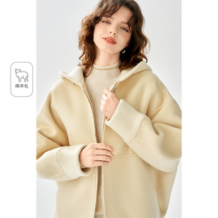 2025冬款拼接连帽短款毛呢外套洋气羊毛休闲双面呢大衣女